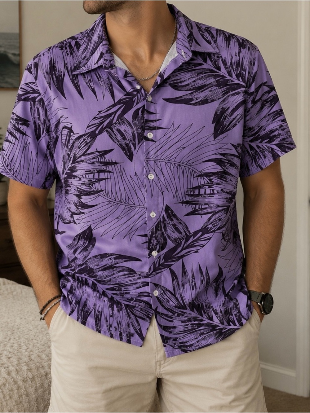 NFINITY Purple & Black Tropical Print Short-Sleeve Button-Down Shirt